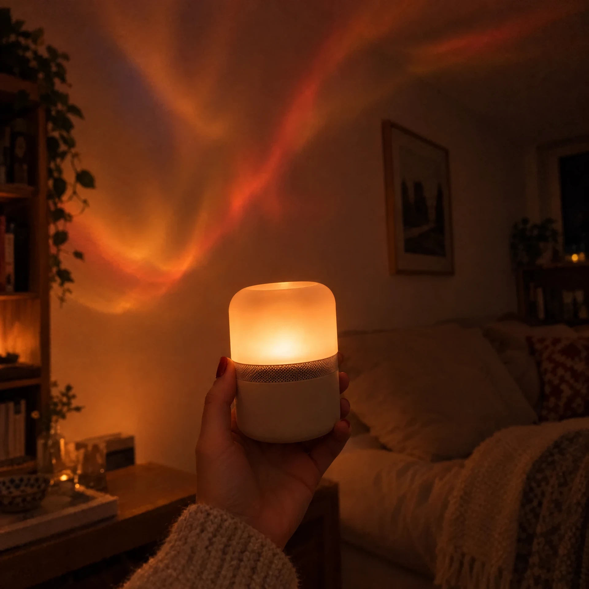 Mano sujetando la lámpara Clavelux encendida con luz ámbar