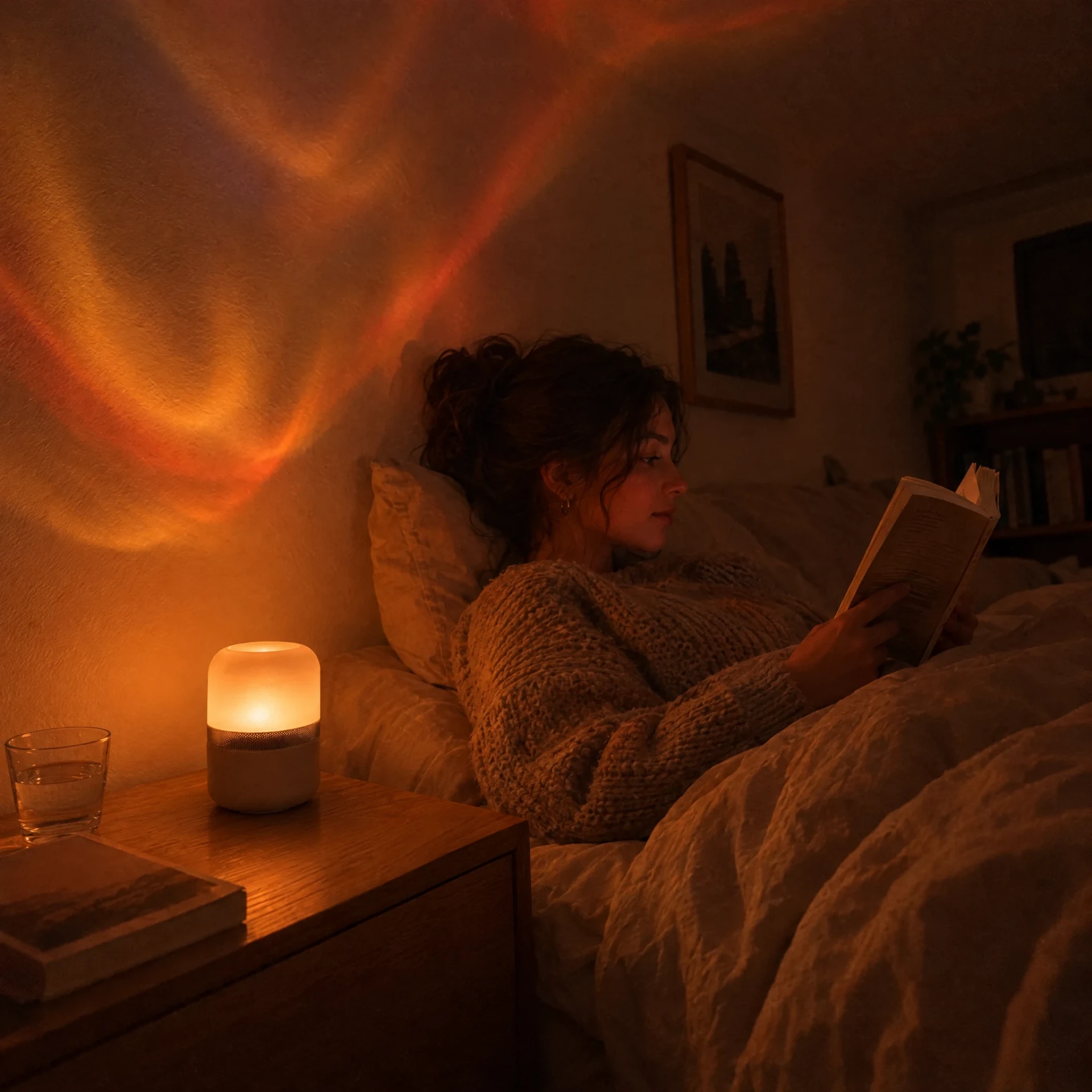 Mujer leyendo en la cama junto a la lámpara Clavelux