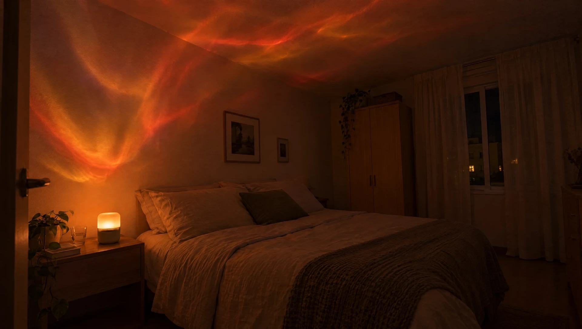Dormitorio iluminado con la aurora de Clavelux en el techo