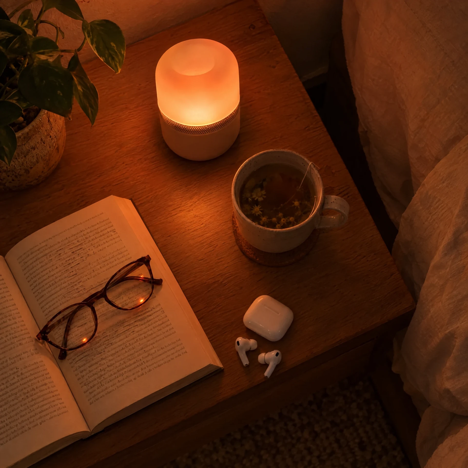 Mesita de noche con libro y Clavelux en luz roja