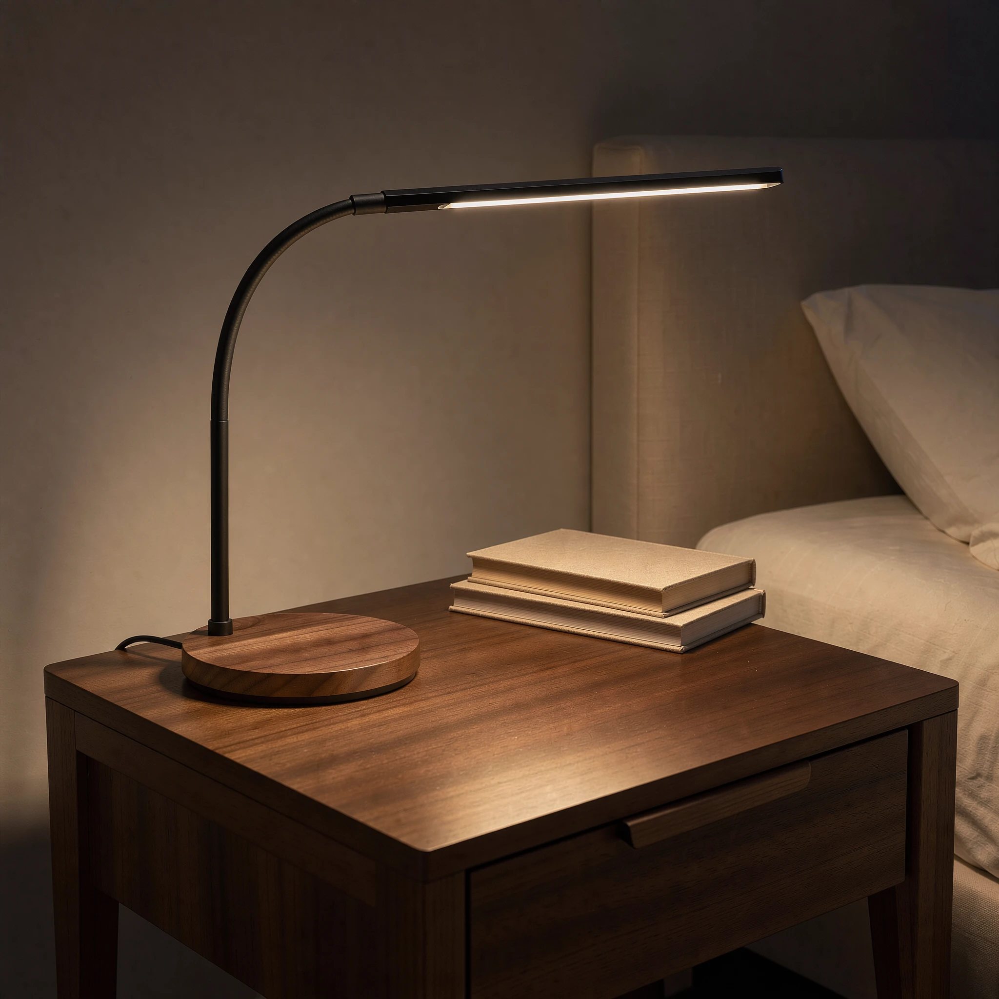 Lámpara de lectura Clavelux sobre una mesita de noche